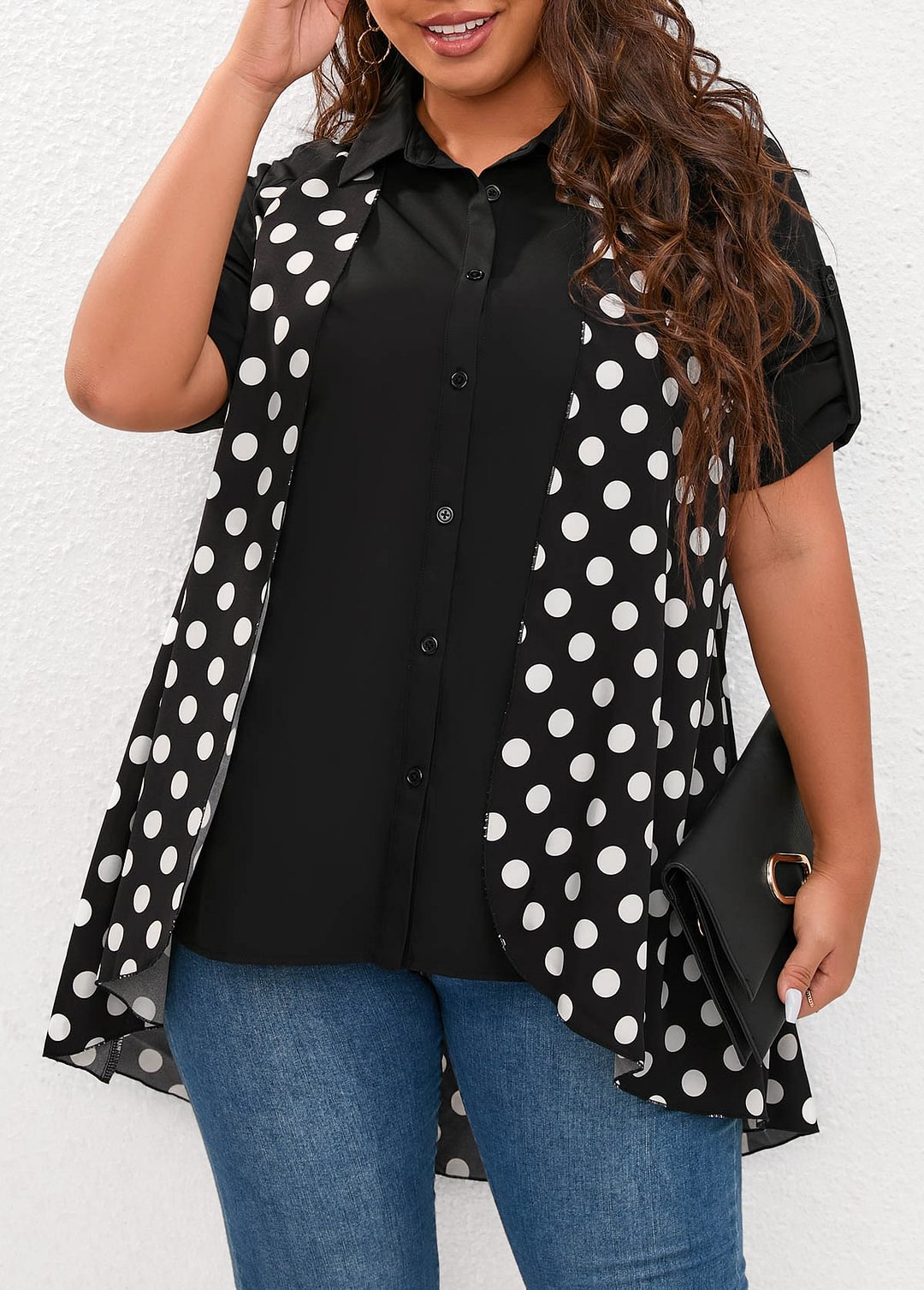 Layered Design Polka Dot Plus Size Black Blouse