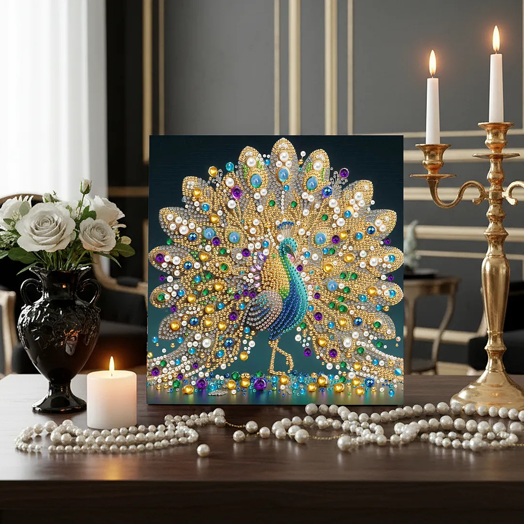 Peacock DIY Art Craft Pearl Diamond Painting with Frame 9.84x9.84in Diamond Art Pearl Painting Kit for Adults Beginners Gift Idea Home Wall Decor