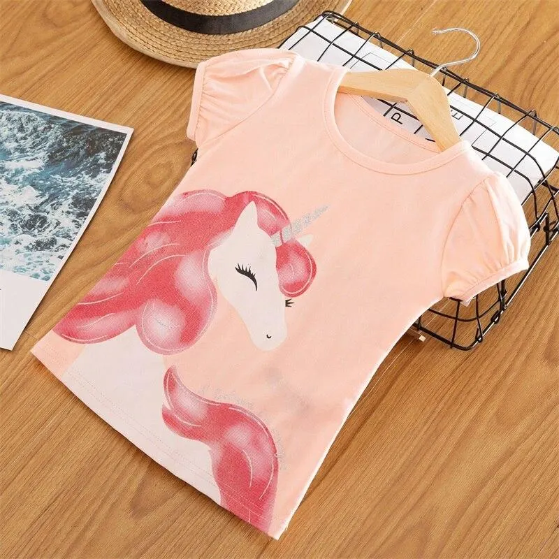 Girls T-shirts Short Sleeve Flamingo Unicorn Print Tops for Baby Girl Summer Clothes Sequins Tshirt 3-8Yrs Kids Tees for Girls