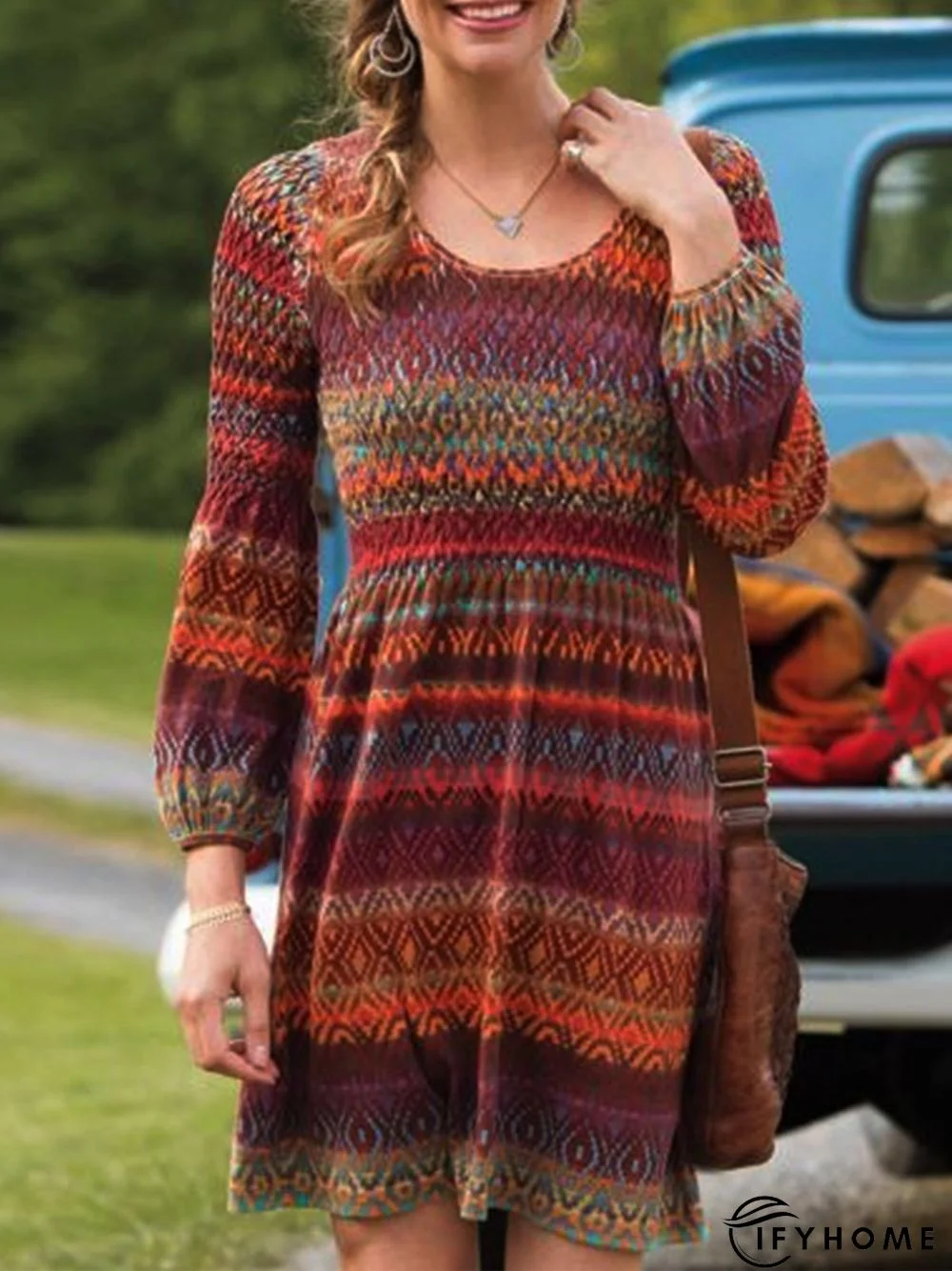 Vintage Boho Geometric Printed Crew Neck Long Sleeve Plus Size Casual Knitting Dress | IFYHOME