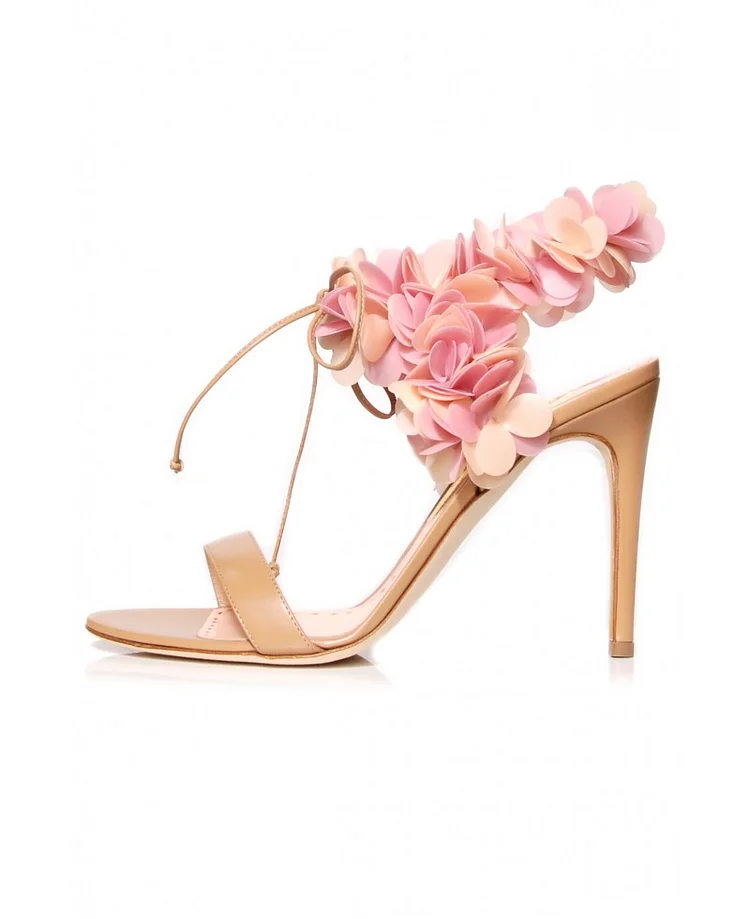 Peach Pink Bridal Stiletto Heel Sandals with Floral Design Vdcoo