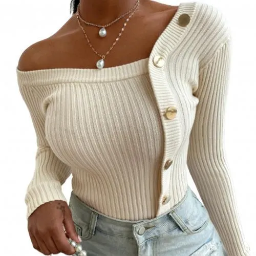 Fashion Women Autumn Blouse One Shoulder Ribbed Buttons Slim Knit Sweater