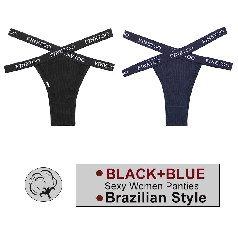 FINETOO 2PCS/Set Women's Cotton Letter Panties Hollow Out Brazilian Pantys Fashion Thong Femme Cross Strap Sexy Woman Underwear