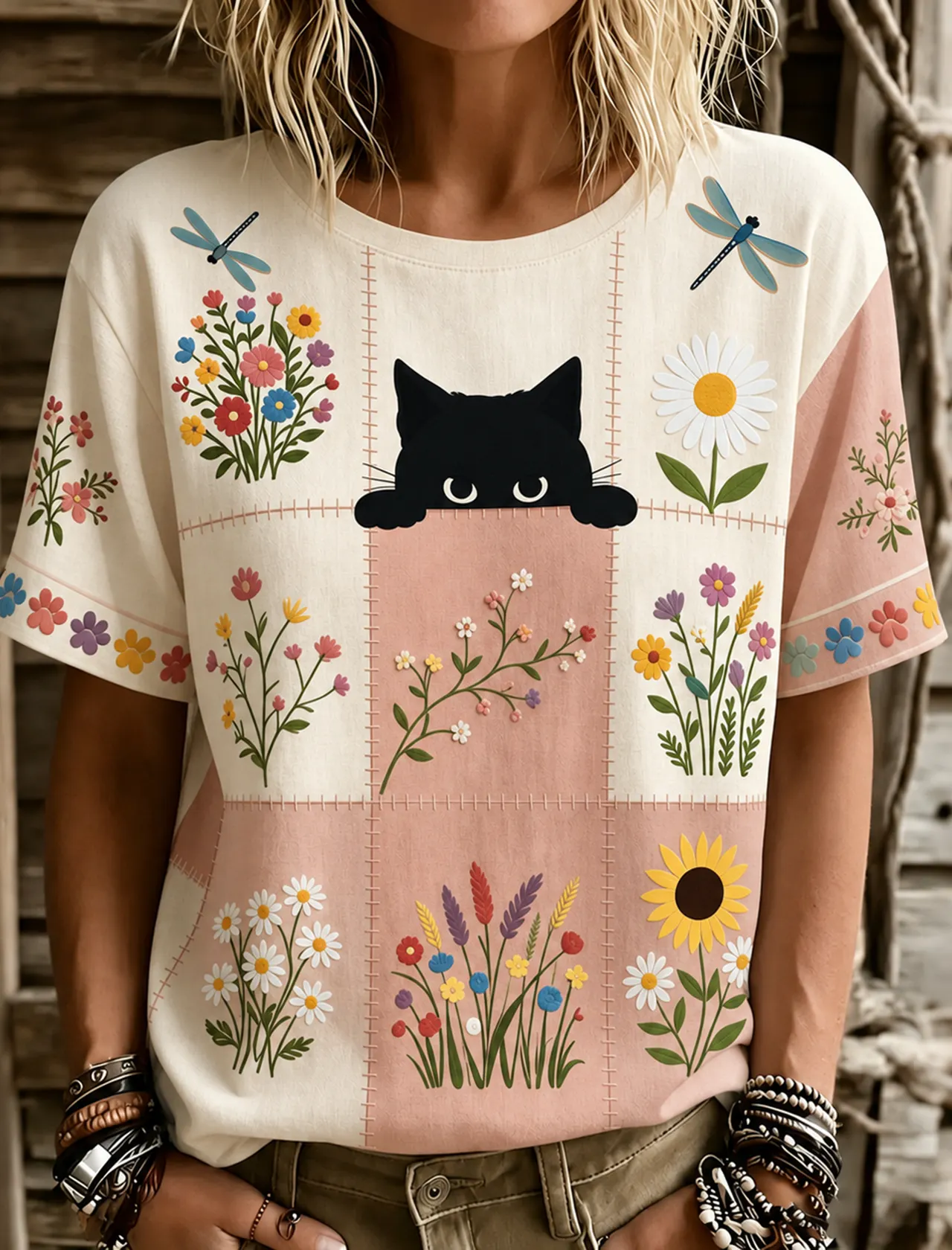 Women's Hippie Cute Cat In Patchwork Art Embroidered Linen Blend Round Neck Tshirt elevenforest