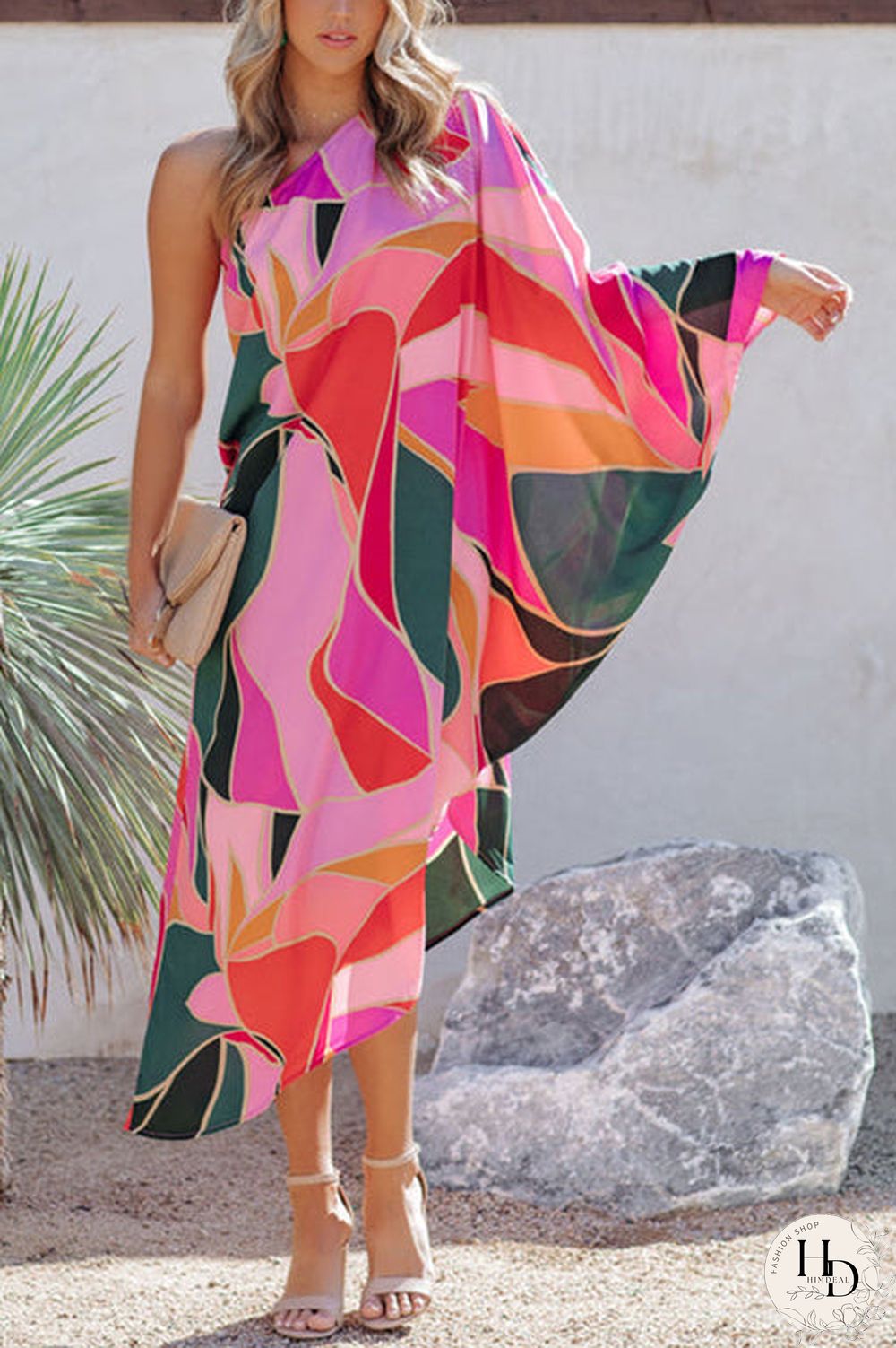 Multi Print Asymmetrical One Shoulder Dress