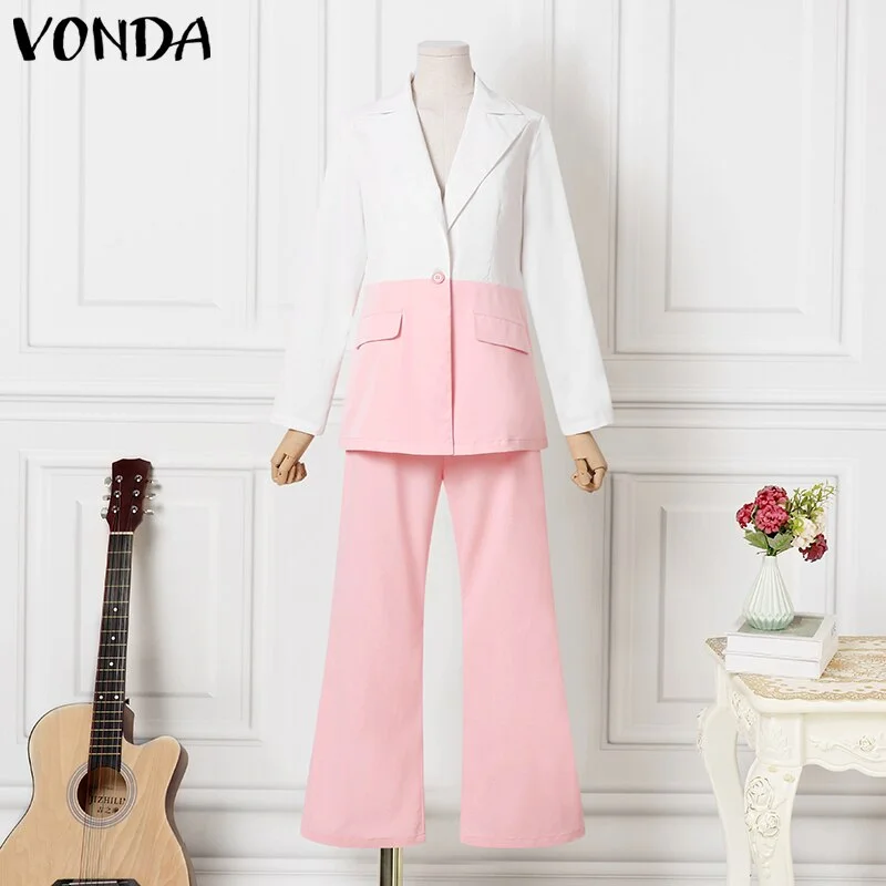 Women Long Sleeve Lapel Suit 2022 Casual Blazer Ropa De Mujer Jackets VONDA OL Office Formal Coats Long Trousers Suits 2PCS