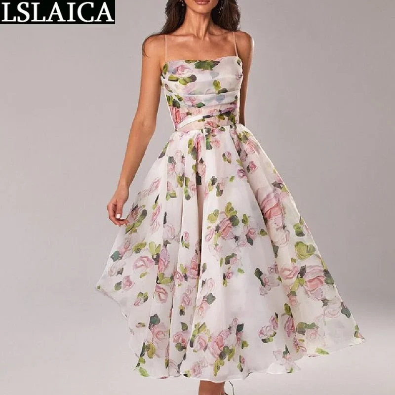 Wholesale Items Women's Evening Dress Backless A-line Big Swing Elegant Suspender Dresses Summer Boho Fashion Midi Floral Dress