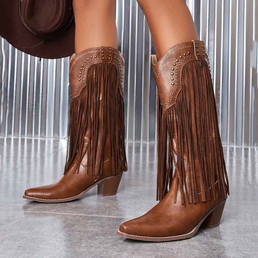 Brown Pointed Toe Block Heel Fringe Mid Calf Cowgirl Boots Nicepairs