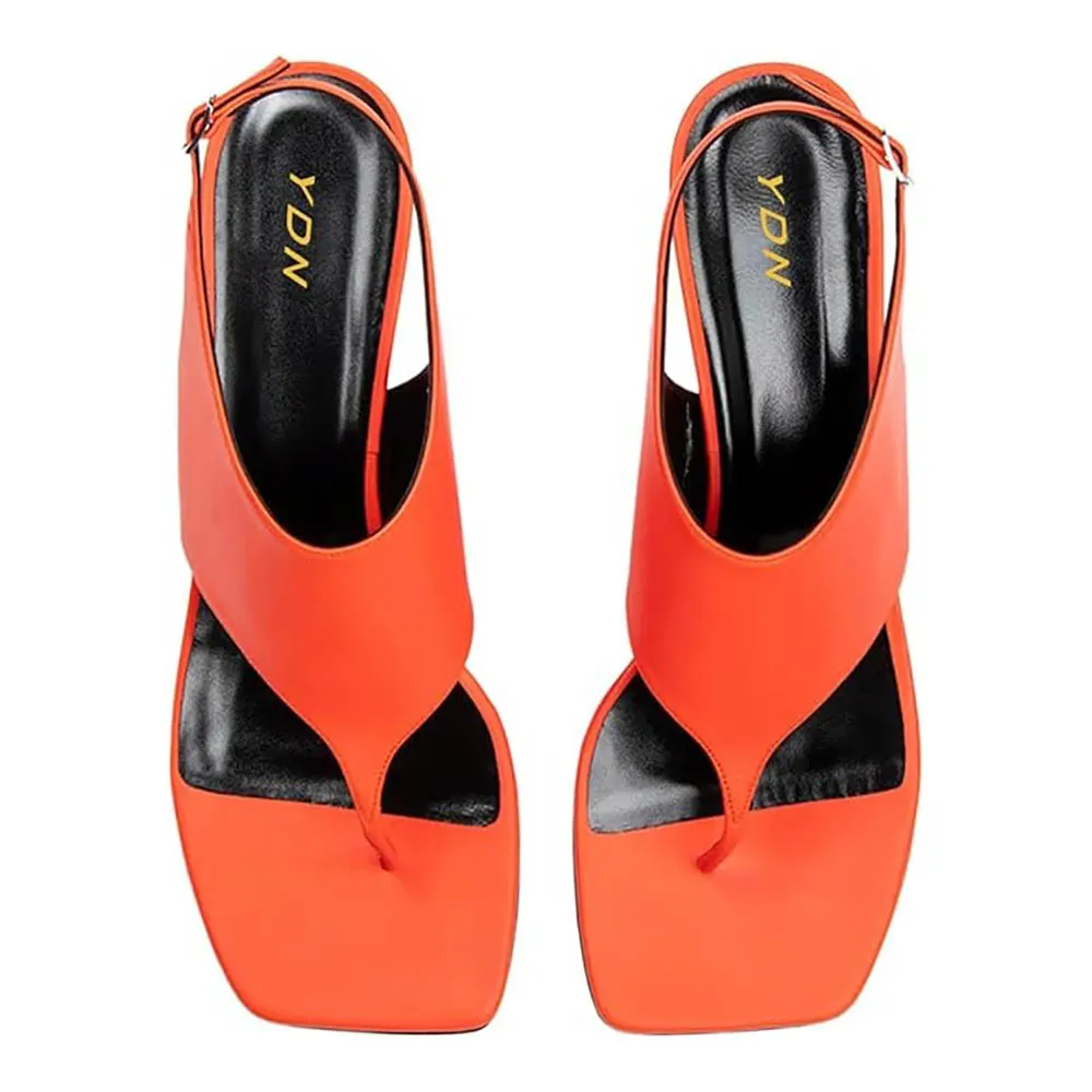Orange Square Toe Flip Flops Ankle Strap Sandals with Wedge Heel