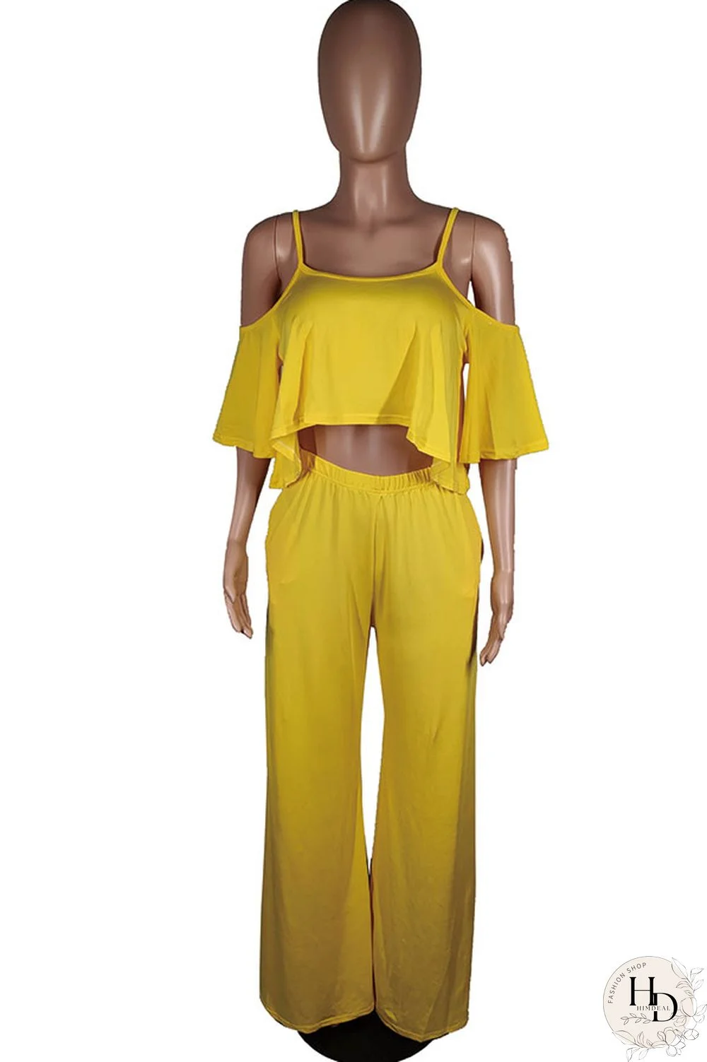 Yellow Polyester Sexy Fashion Patchwork ruffle Solid Straight Half Sleeve Two-piece Pants Set