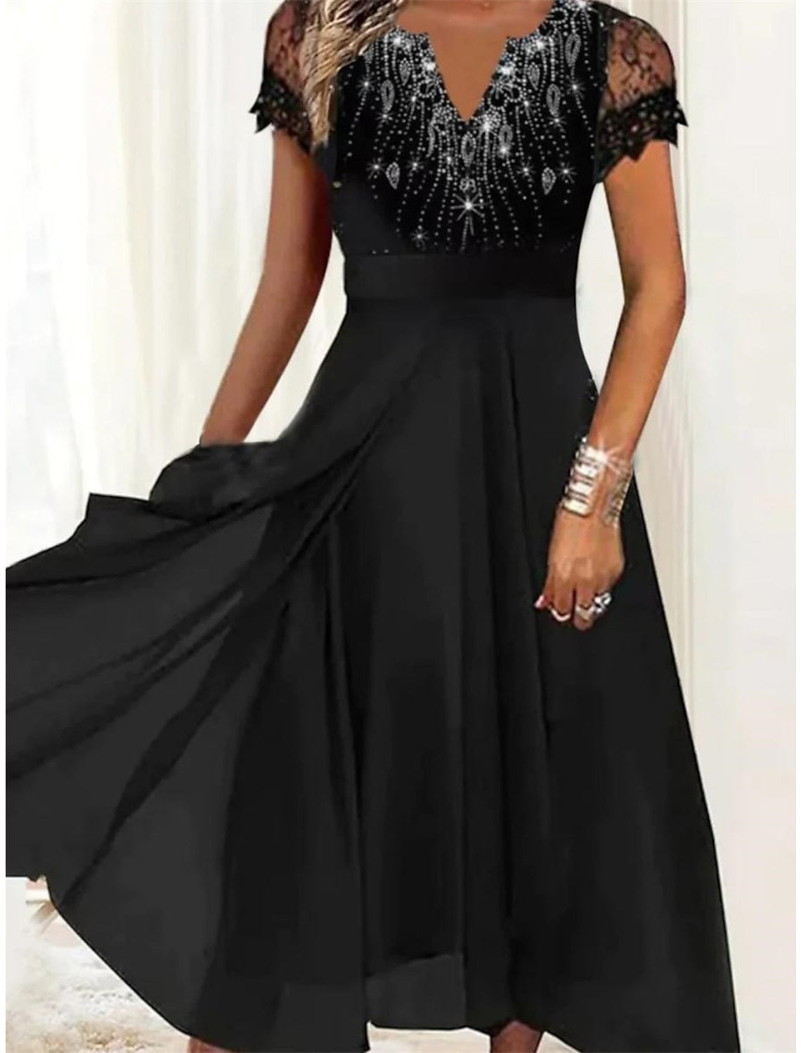 Women Short Sleeve V-neck Graphic Printed Lace Midi Dress