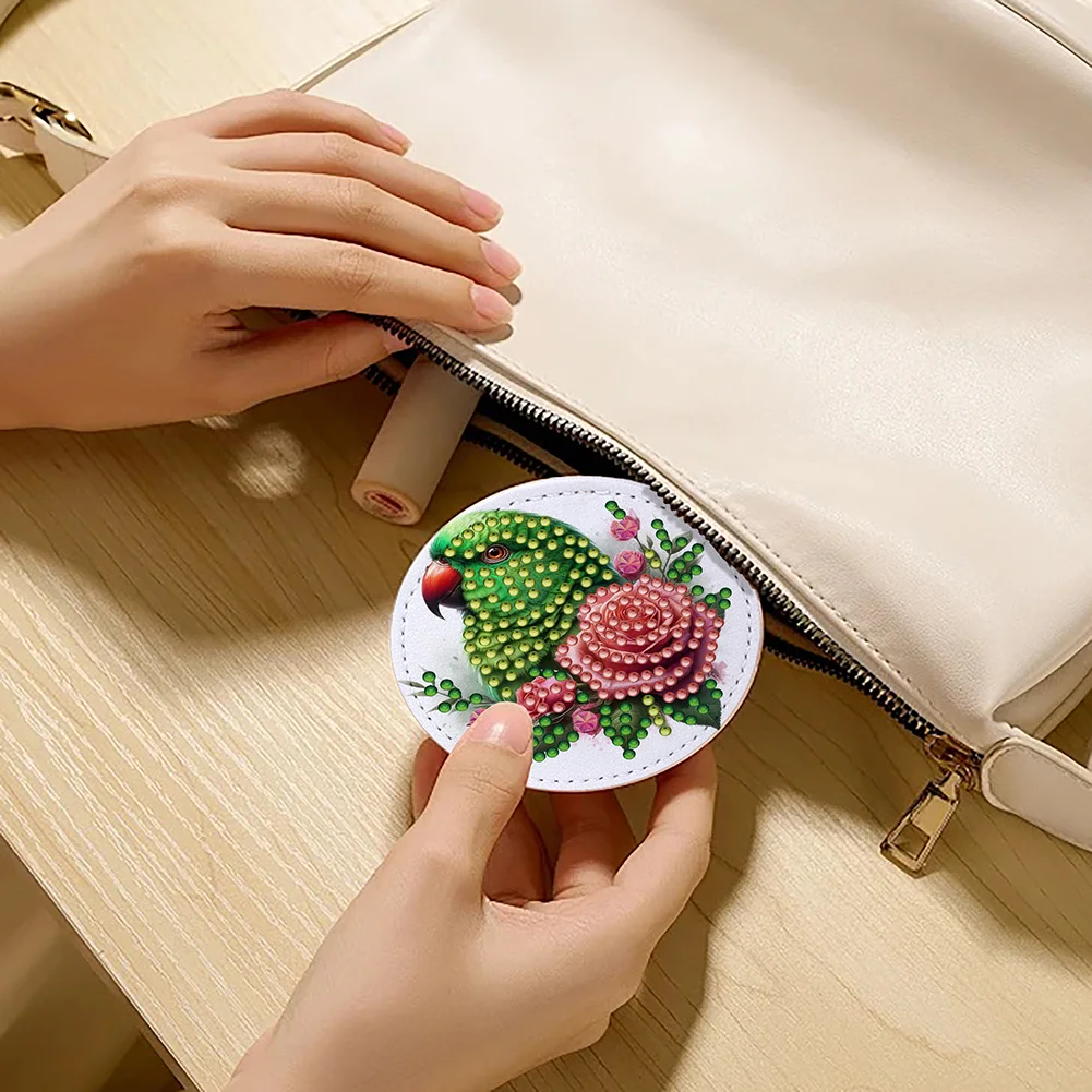 DIY Diamond Art Portable Cosmetic Mirror Round Diamond Painting Crafts (Bird)