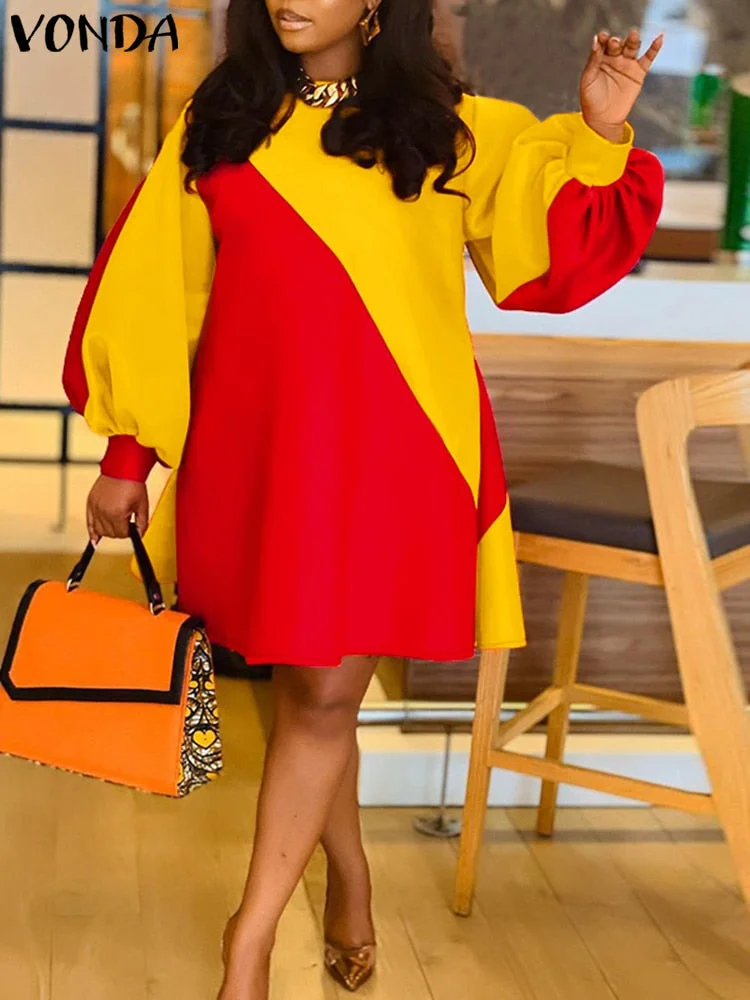 2022 Summer Dress VONDA Women Casual O Neck Vintage Patchwork Long Lantern Sleeve Dresses Plus Size Party Vestidos Short Robe