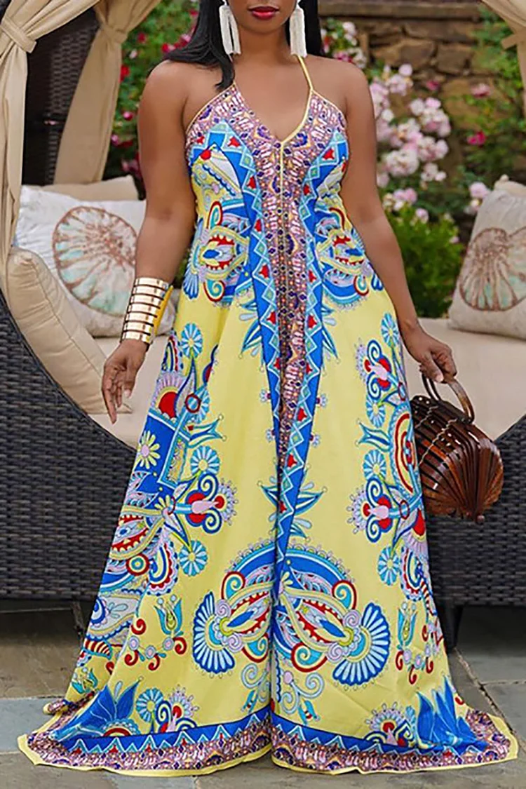 Plus Size Yellow Daily Tropical Floral Boho Print Halter Maxi Dress