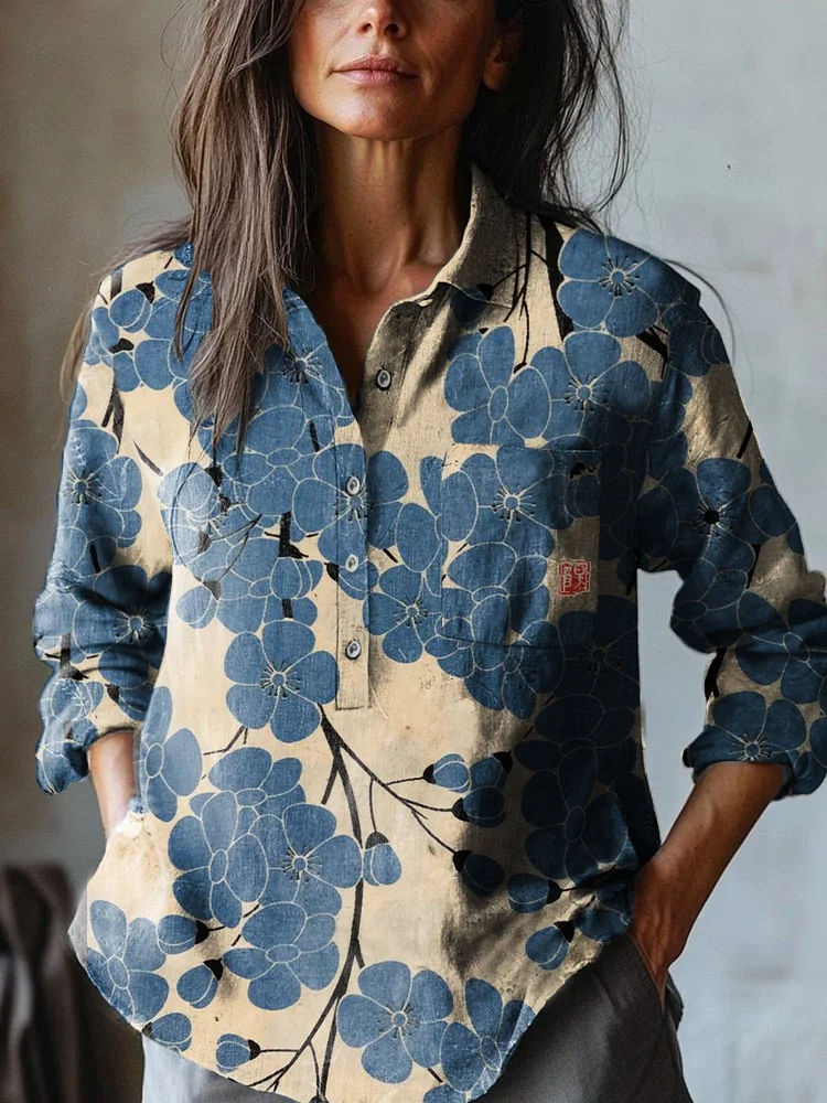 Women's Japanese Classic Blue Plum Blossom Art Print Casual Cotton And Linen Shirt