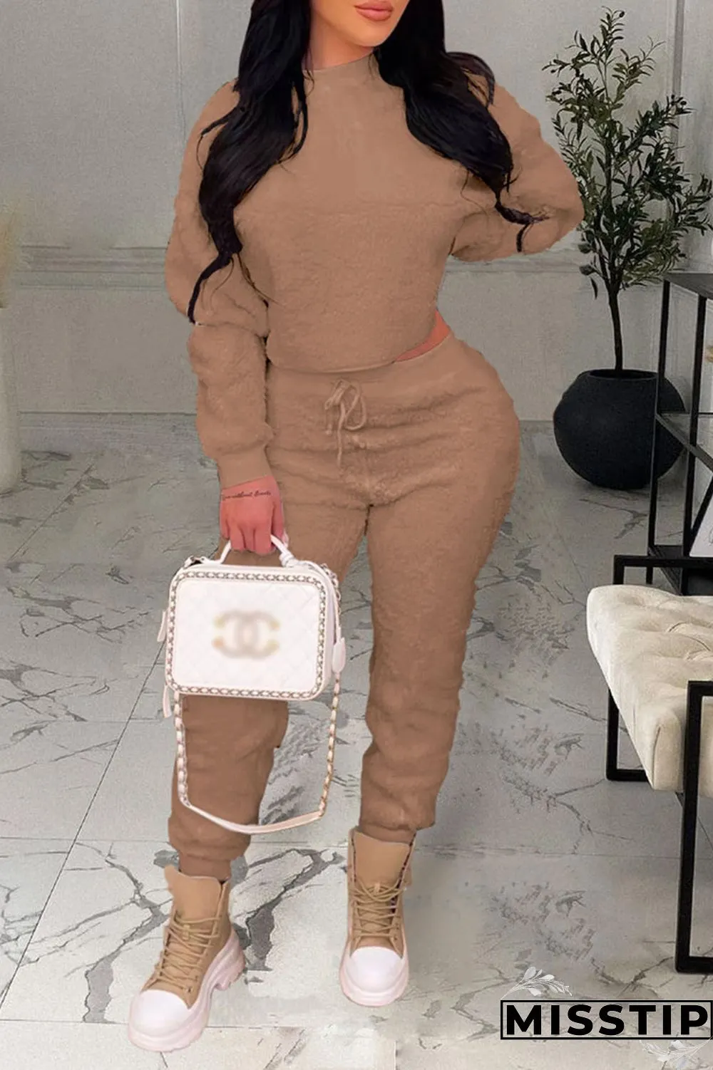 White Casual Solid Patchwork O Neck Long Sleeve Two Pieces