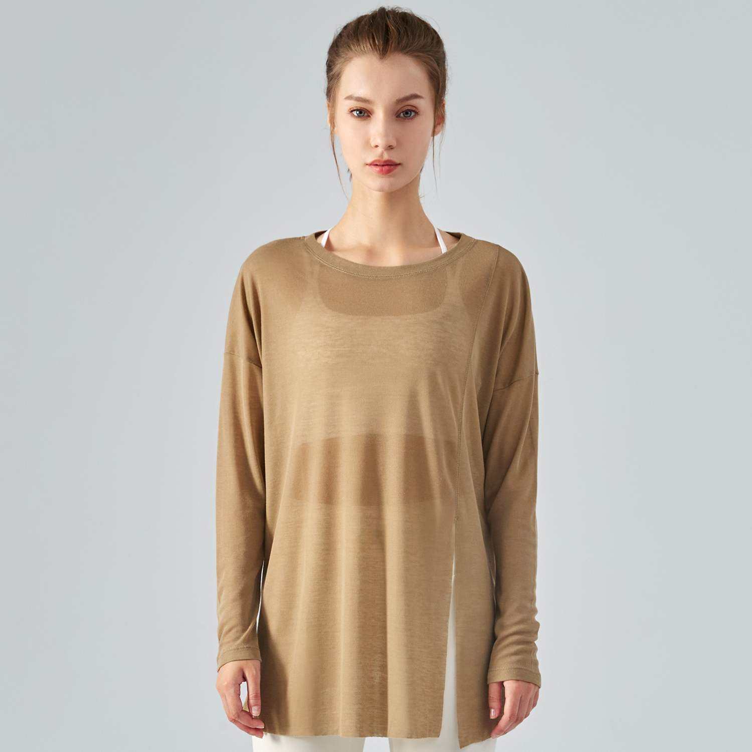 Different types Khaki Brown of ladies see through long style tencel skin friendly sustainable loose cool smooth gym t shirt smock online shopping on Hergymclothing