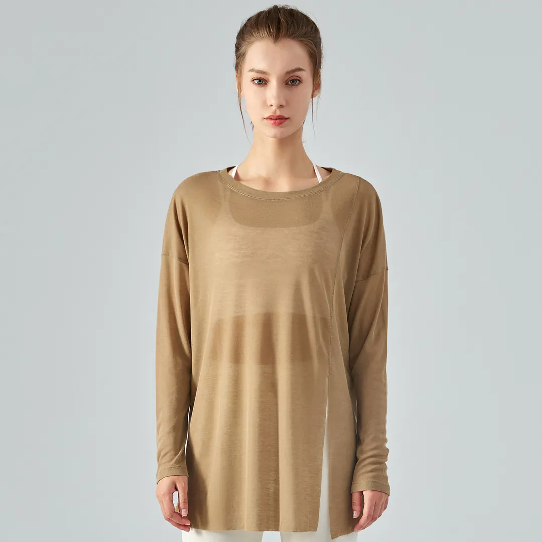 Different types Khaki Brown of ladies see through long style tencel skin friendly sustainable loose cool smooth gym t shirt smock online shopping on Hergymclothing