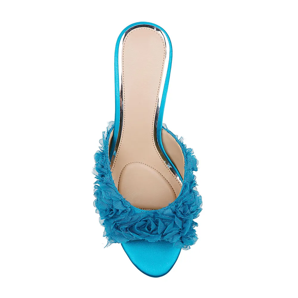 YDN Peep Toe Stiletto Heel Slip On Ruffle Mules Shoes in Blue