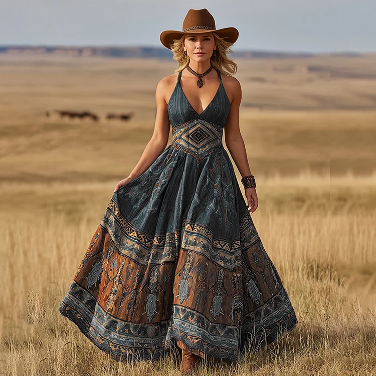 Women's Vintage Western Print Suspender Maxi Dress