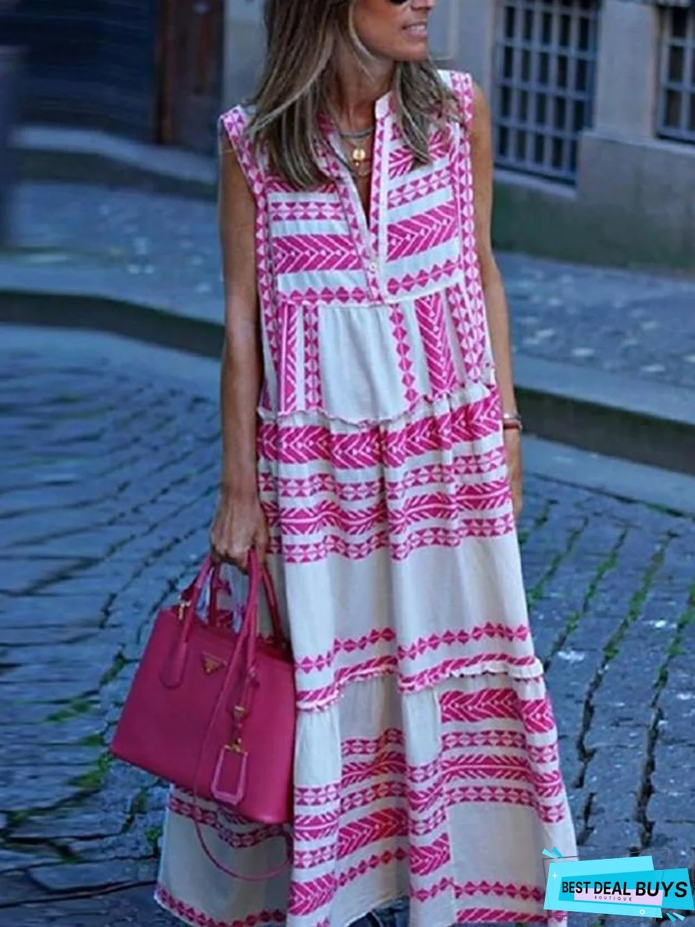 Women's Swing Dress Maxi Long Dress Sleeveless Geometric Print Spring Summer Boho Blushing Pink
