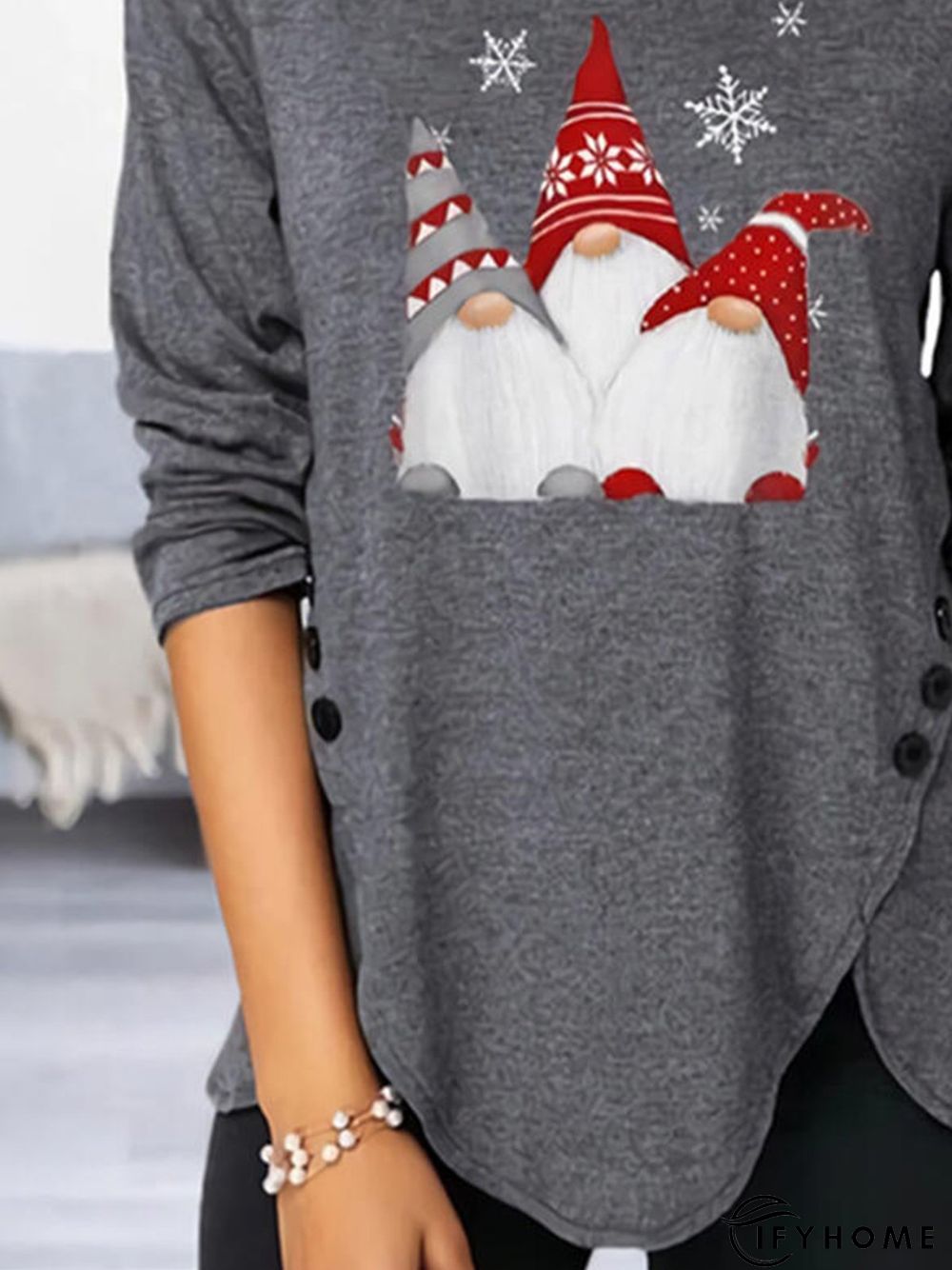 Print Round Neck Long Sleeve Button Up Casual Christmas blouse | IFYHOME