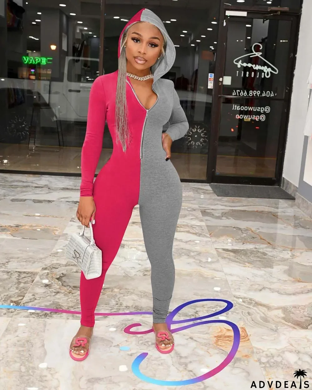 Contrast Color Thin Fleece Hooded Zipper Jumpsuit