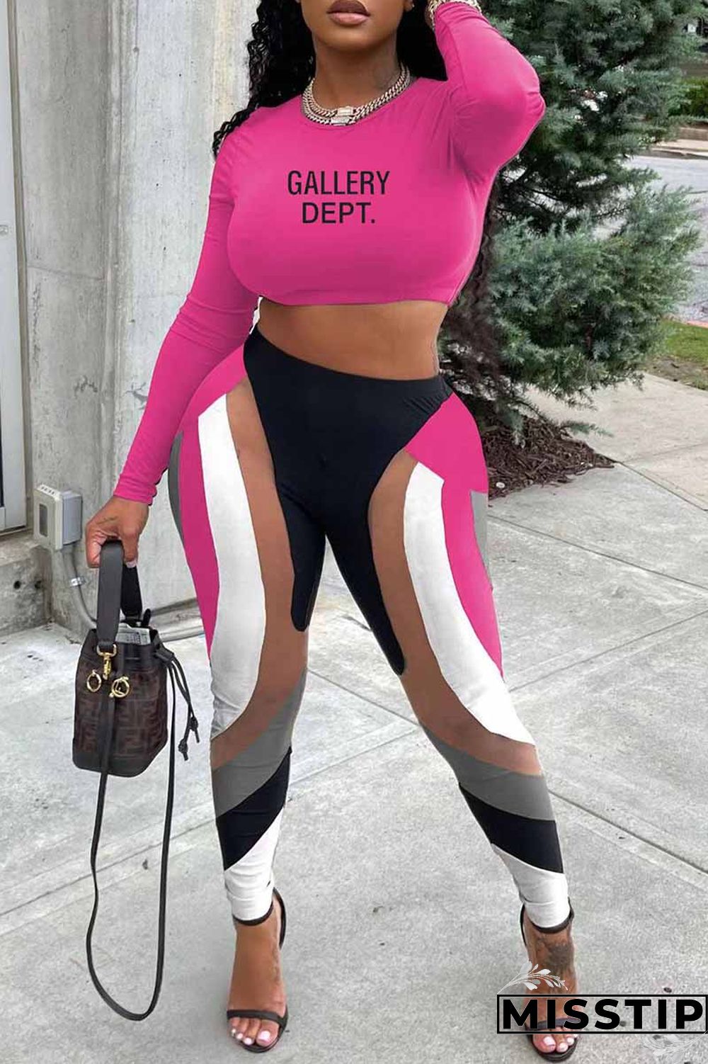 Pink Casual Print Letter O Neck Long Sleeve Two Pieces