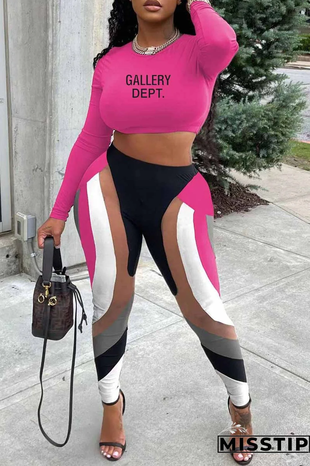 Pink Casual Print Letter O Neck Long Sleeve Two Pieces