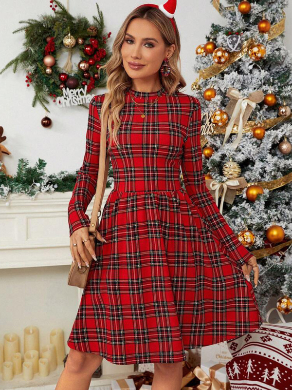 Mature Women Checkered printed turtleneck long-sleeved dress Christmas new style