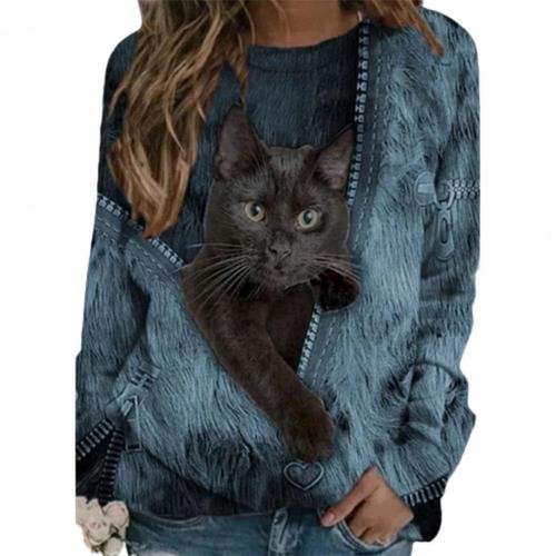 Fashion Women Shirts O Neck Long Sleeve Zipper Cats Print Loose Blouse Shirts Top  Blouses