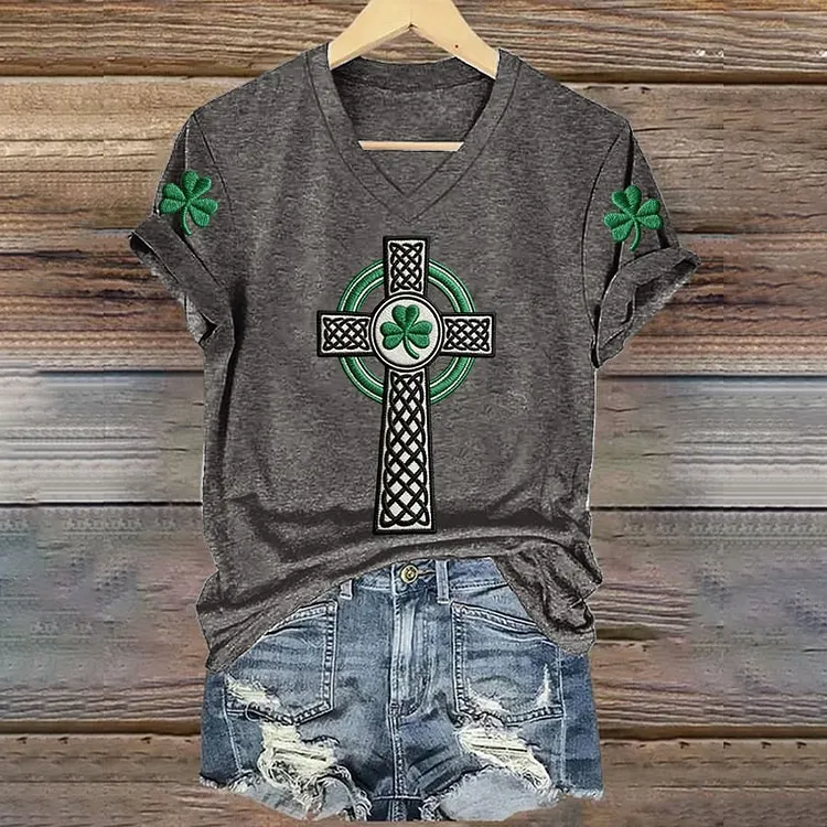 Women's St. Patrick's Day Print V-neck Short Sleeve T-shirt