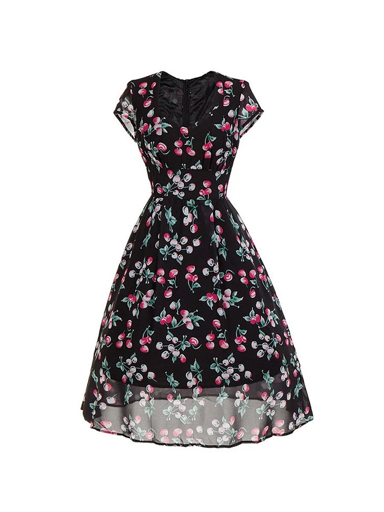 Mayoulove Women Vintage 50s Elegant Office Ladies Midi Dresses Retro Cherry Print Chic Dress-Mayoulove