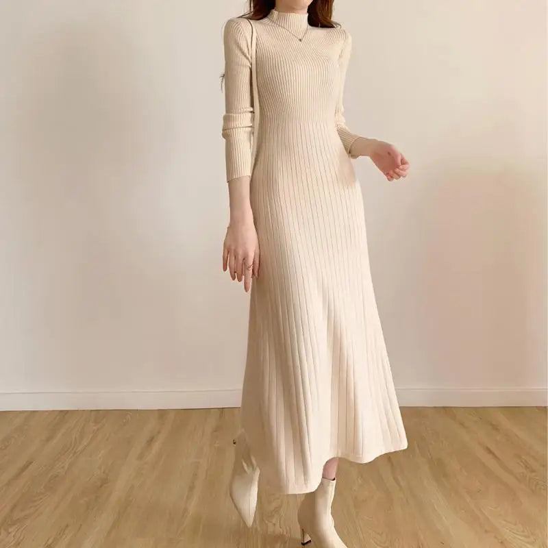 Aiertu Autumn Winter Long Sleeve Party Dress Women Button Knitted Mid-calf  Half High Collar Elegant Knitted Sweater Dresses Ladies Aiertu