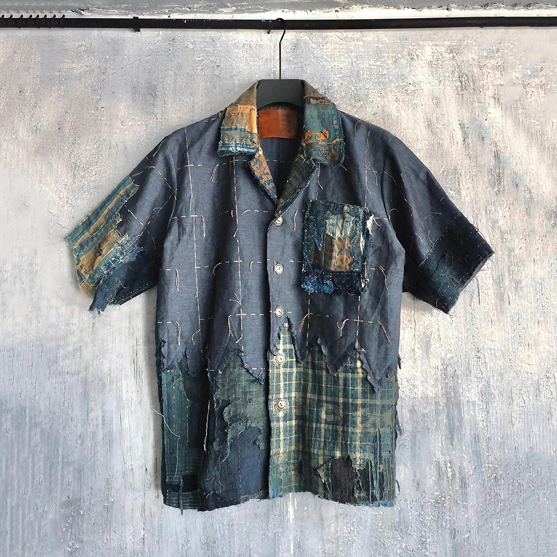 Japanese Style Sashiko Patchwork Art Short-sleeved Shirt