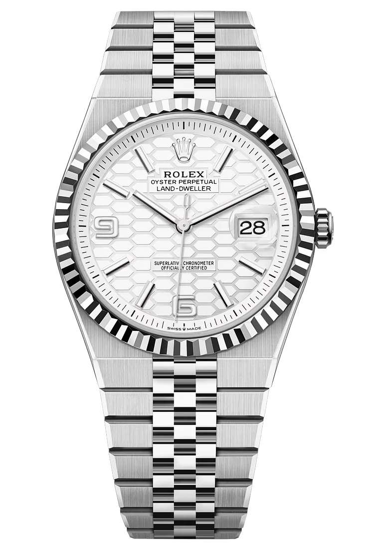 Rolex Land-Dweller 40mm Fluted Bezel White Honeycomb-Motif Dial Flat Jubilee - 127334 - New 2025【Free Shipping】