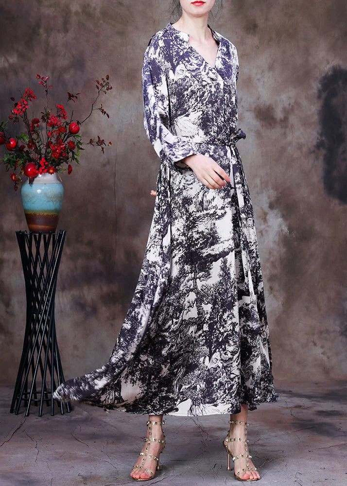 Elegant White V Neck Asymmetrical Design Tie Dye Silk Dress Long Sleeve