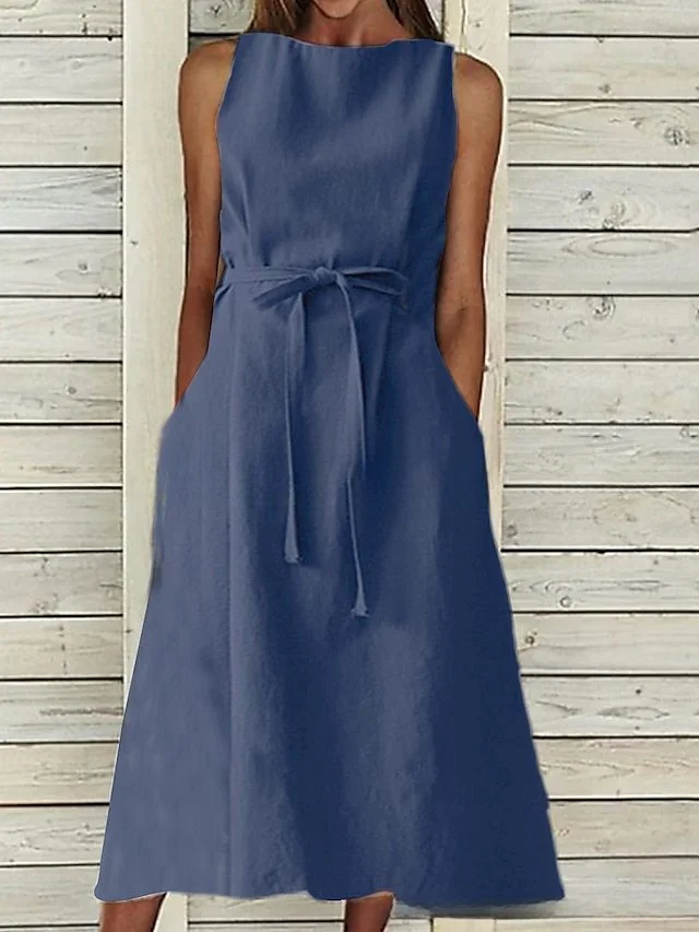 Women's Spring and Summer Solid Color Pocket Waist Dress socialshop