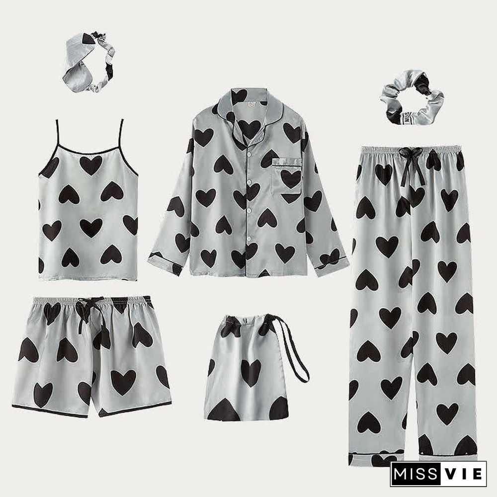 Love Heart Bow Knot Print Silk Pajamas Seven Pieces Set