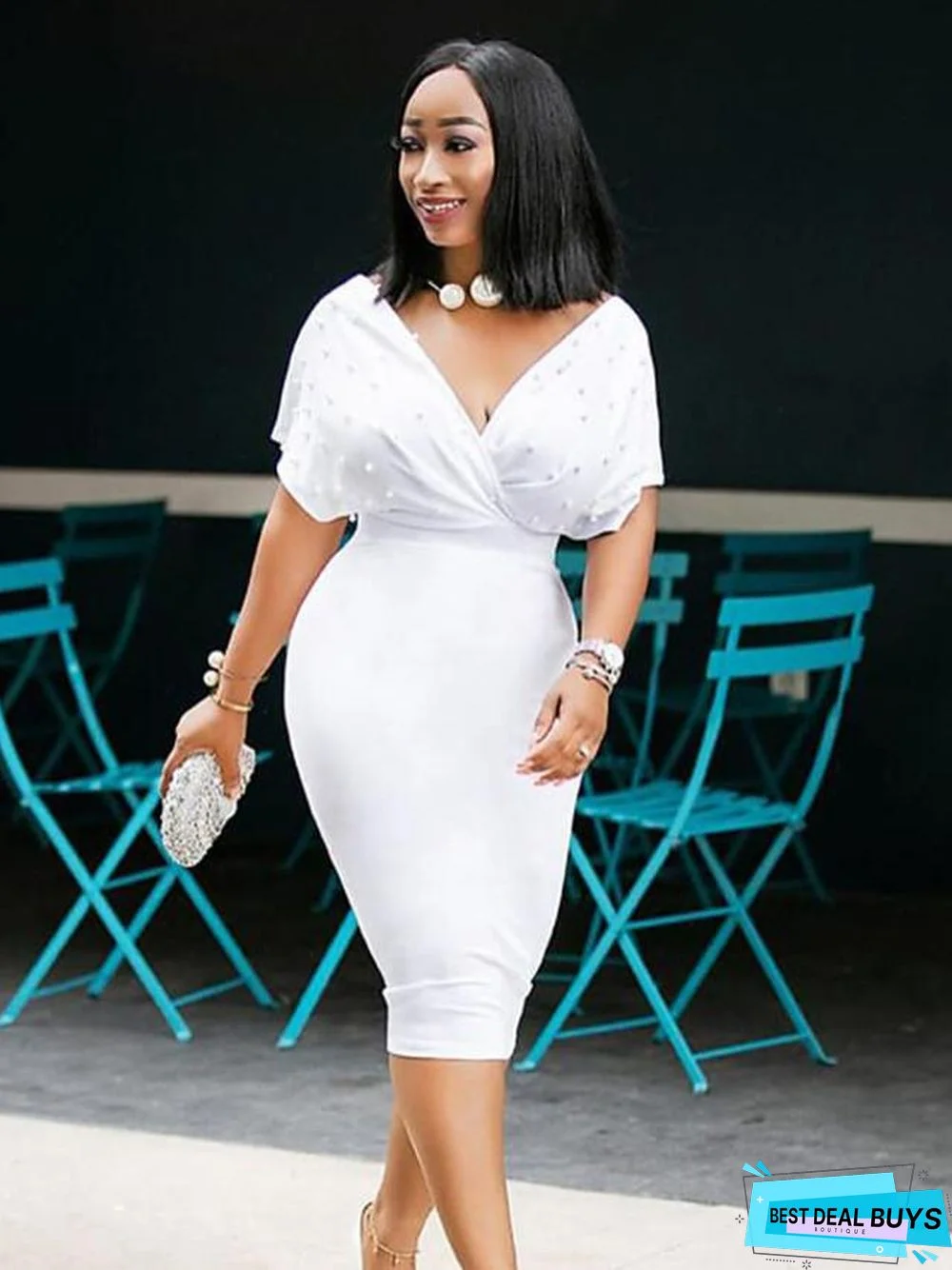 Women's Sheath Dress Knee Length Dress Short Sleeve Solid Colored Beaded Fall Winter Hot White Black Blushing Pink Wine White Dresses