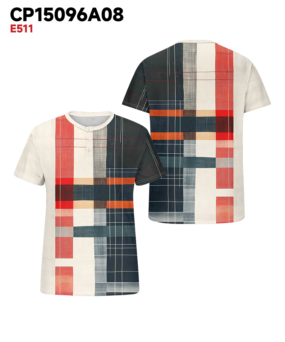 Men's Plus Size Casual Black And Red Geometric Plaid Print Henry Collar Button Short Sleeve T-Shirt