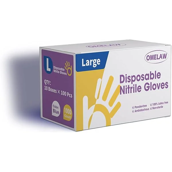 OMELAW Nitrile Gloves Portable Package with a Re-sealable Cover, Powder-free Latex free, 100/1000 count, Size S/M/L/XL Large Pro-box