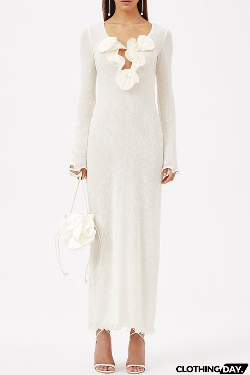 Sexy Solid Color Slit Flower Shape V Neck Long Sleeve Dresses