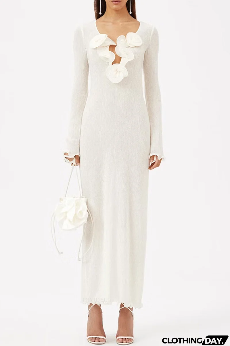 Sexy Solid Color Slit Flower Shape V Neck Long Sleeve Dresses