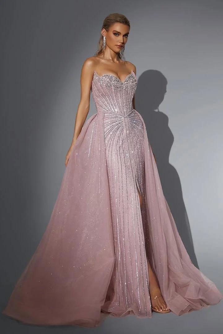 Miabel Amazing Blushing Pink Beaded Tulle Sweetheart Sleeveless Mermaid Prom Dress with Detachable Train 