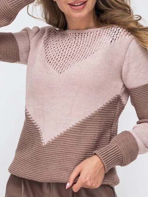 Women's Color Block Openwork Knitted Scoop Neck Long Sleeve Sweater Top
