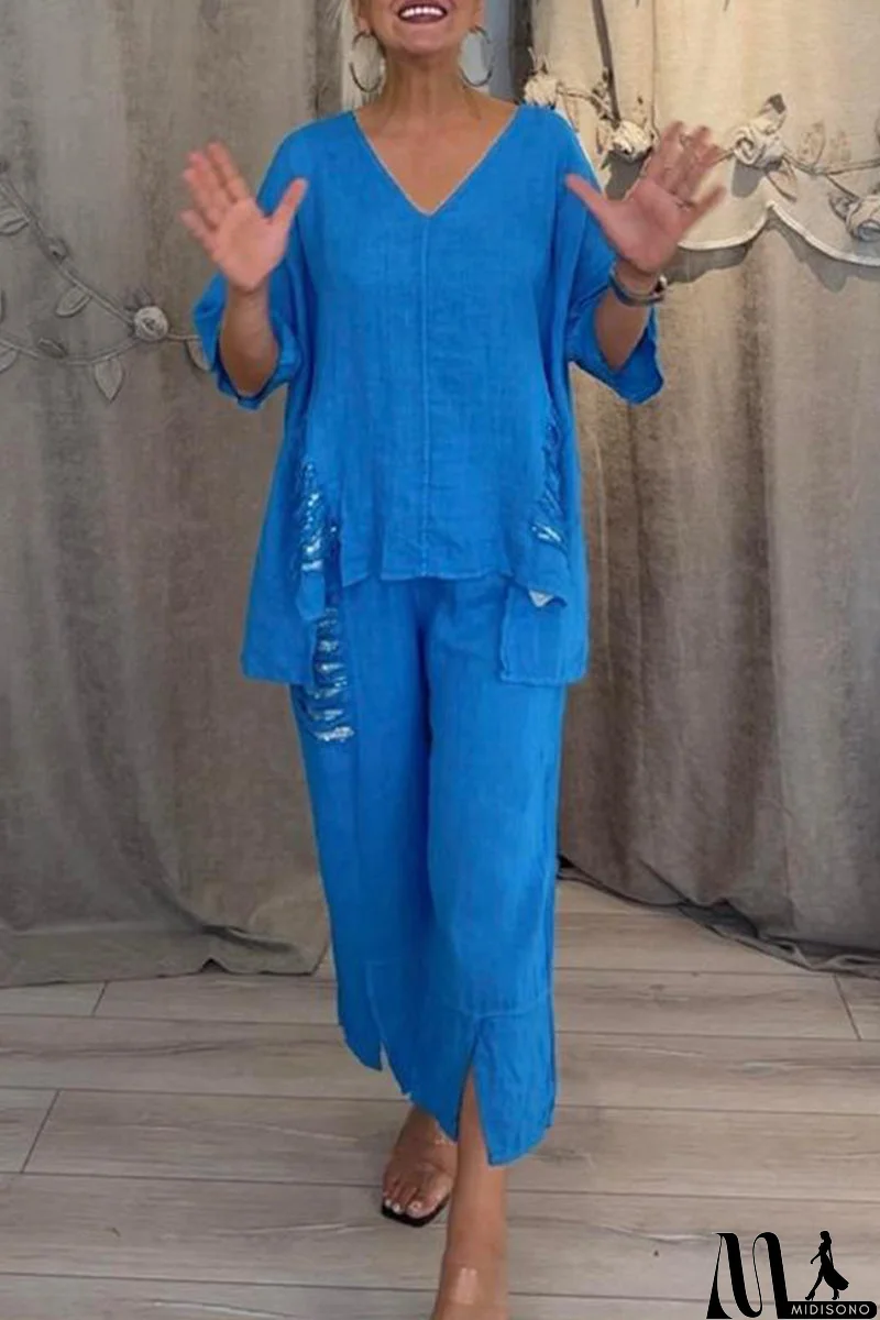 MidiSono - Casual Daily Ripped Sequins Irregular V Neck Half Sleeve Two Pieces(8 Colors)
