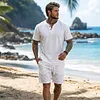 Men's Casual Linen Henley T-Shirt And Shorts Set by Inlyline