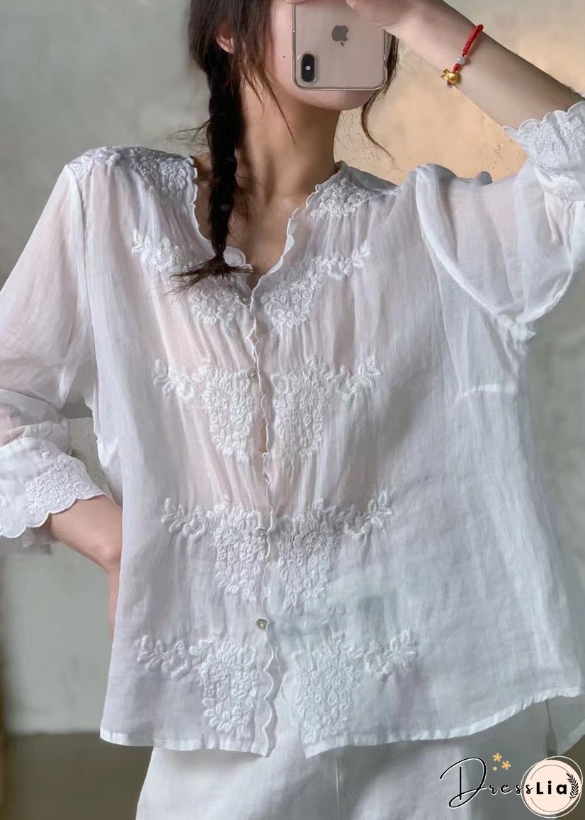 New Pink V Neck Embroidered Button Linen Shirt Spring