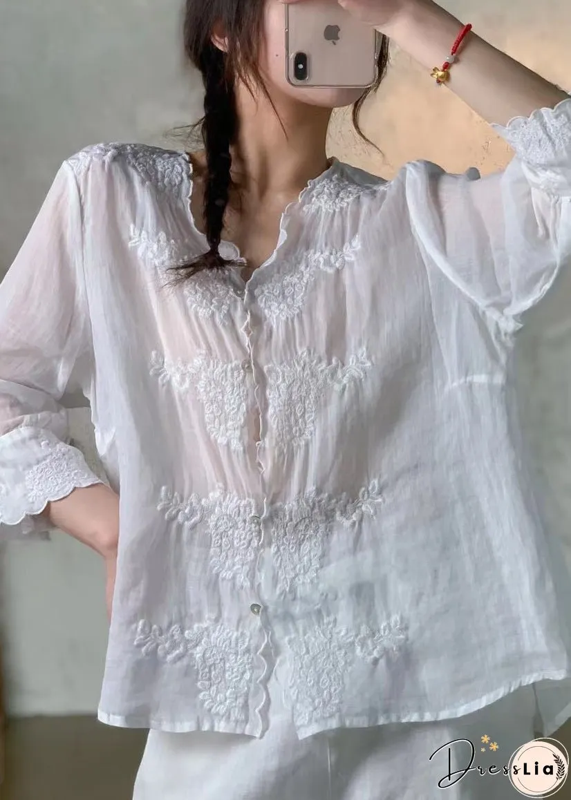 New Pink V Neck Embroidered Button Linen Shirt Spring
